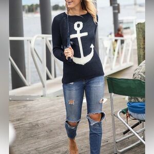 Wooden Ships ANCHOR RAGLAN COTTON white with navy anchor size M / L 10-12